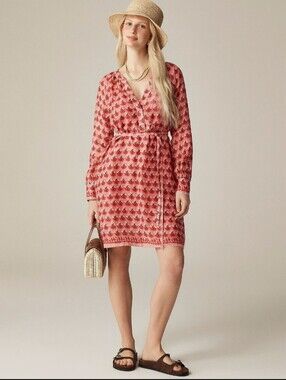 J.Crew Cabana Mini Dress Block Print Ramie Coral Pink XXS Pockets NWT
